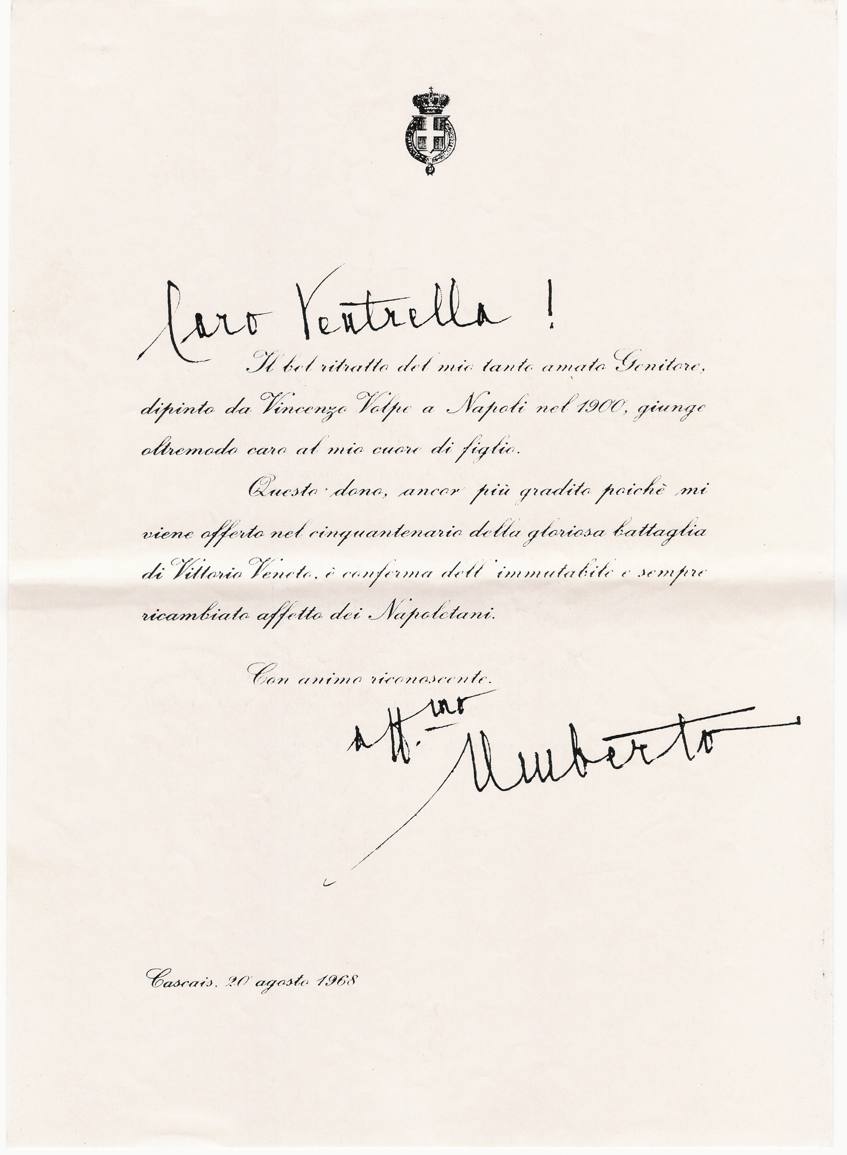 Lettera autografa di Umberto II di Savoia — Cascais, 1968