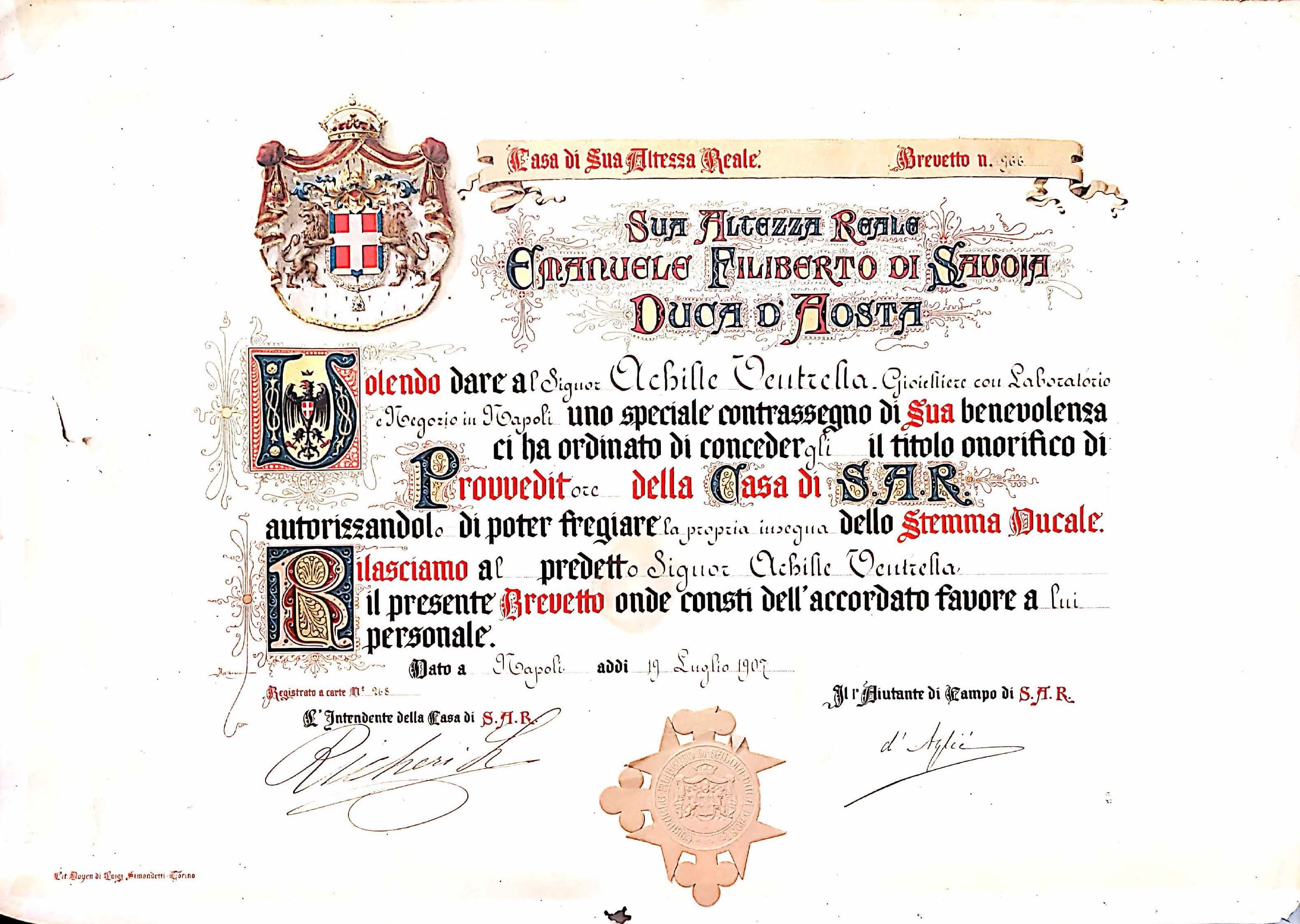 Achille Ventrella nominato Provveditore della Real Casa — Napoli, 1907