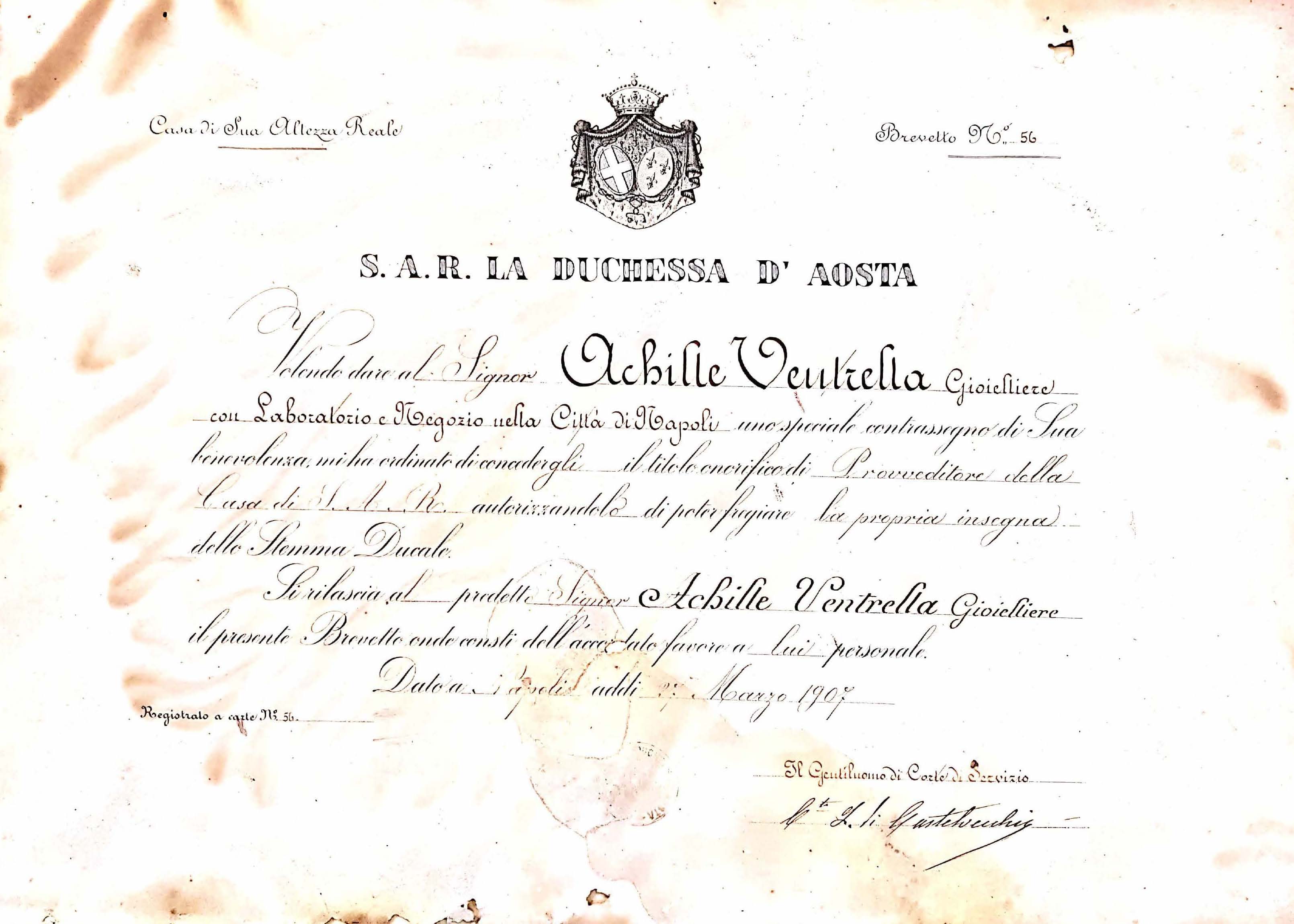 Brevetto di S.A.R. la Duchessa d’Aosta ad Achille Ventrella (1907)